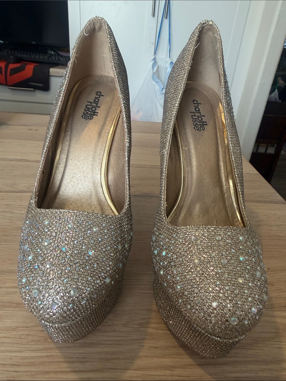 Charlotte Russe Champagne Glitter Crystal Platform Pumps
